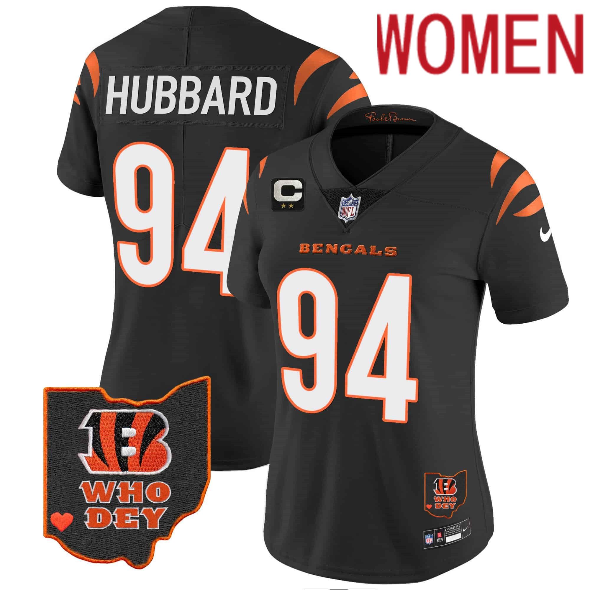 Women Cincinnati Bengals 94 Hubbard Black 2024 Nike Patch Vapor Limited NFL Jersey style 1